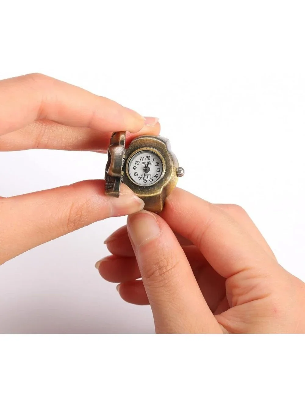 Unisex Gold And Black Analog Punk Skull Flip-Open Adjustable Finger Ring Watch